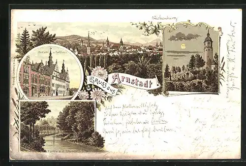 Lithographie Arnstadt, Postamt und Rathaus, Burg Neideck