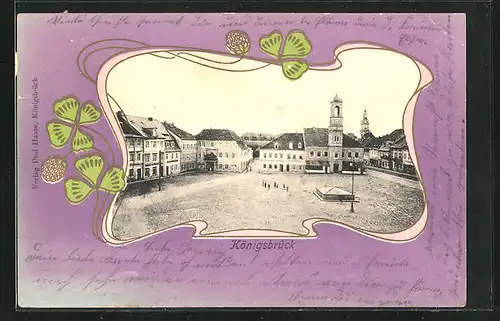 AK Königsbrück, Marktplatz mit Verlagshaus der Westlausitzer Zeitung