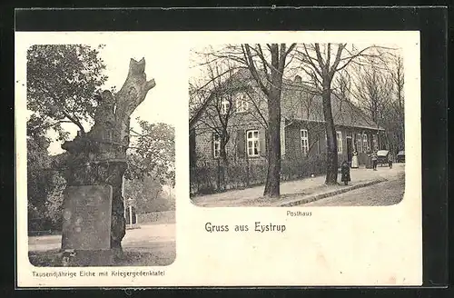AK Eystrup, Posthaus, Tausendjährige Eiche mit Kriegerdenkmal