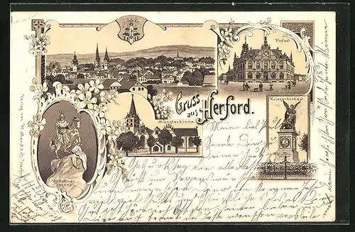 Lithographie Herford, Münsterkirche, Postamt, Kriegerdenkmal
