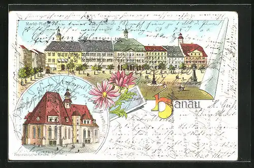 Lithographie Hanau, Französ. Kirche, Marktplatz