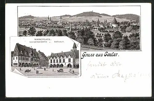 Lithographie Goslar, Marktplatz, Kaiserwörth, Rathaus, Panorama