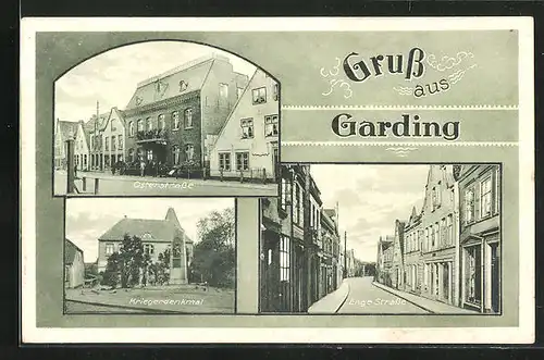 AK Garding, Enge Strasse, Osterstrasse, Kriegerdenkmal