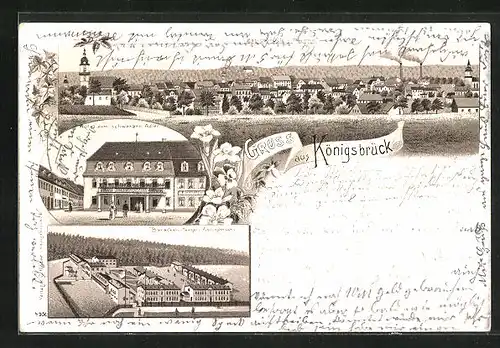 Lithographie Königsbrück, Hotel zm schwarzen Adler, Baracken-Lager, Teilansicht vom Bahnhof