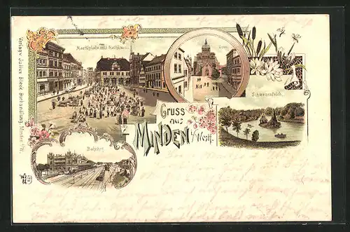 Lithographie Minden / Westfalen, Marktplatz mit Rathaus, Dom, Bahnhof