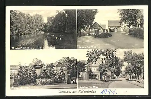 AK Deensen /Krs. Holzminden, Mitten im Dorf, Mittlerer Teich, Kriegerdenkmal