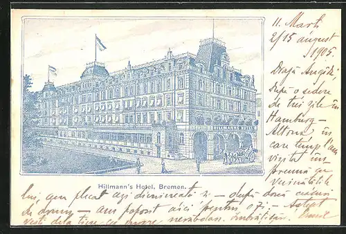 Lithographie Bremen, Hillmann`s Hotel mit Pferdewagen