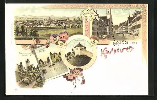 Lithographie Kaufbeuren, Fünfknöpfiger Turm, Jordan-Anlagen Hexenturm