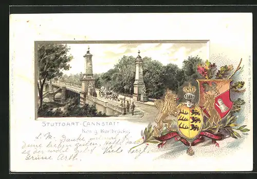 Passepartout-Lithographie Stuttgart-Cannstatt, König-Karlbrücke, Wappen