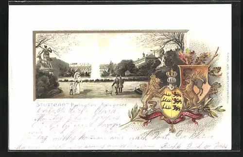 Passepartout-Lithographie Stuttgart, Partie am Anlagesee mit Fontäne, Wappen