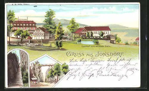 Lithographie Jonsdorf, Gasthof zum weissen Stein, Felsengasse und Gesellschaftsplatz auf dem Nonnenfelsen