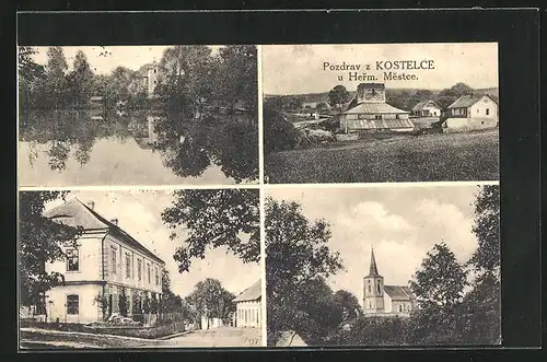 AK Kostelec, Flusspartie mit Haus, Kirche, Strassenpartie mit Wohnhaus