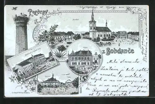 Lithographie Lazne Bohdanec, Namesti, Mestanske a obecne skoly