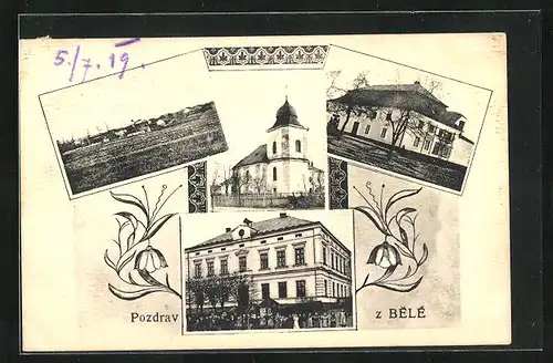 AK Belá, Kirche, Ortsansicht, grosses Gebäude