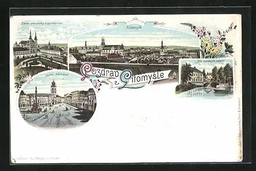 Lithographie Litomysl, Chram piaristsky a gymnasium, Horni namesti, Ortsansicht