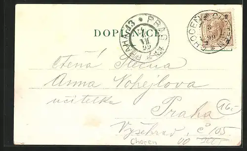 Lithographie Chotzen / Chocen, Radnice, Skola, Zamek, Peliny