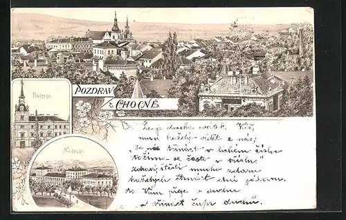 Lithographie Chotzen / Chocen, Radnice, Nadrazi, Totalansicht mit Umgebung