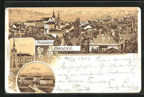 Lithographie Chotzen / Chocen, Nadrazi, Radnice, Blick über Dächer des Ortes