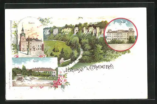 Lithographie Chotzen / Chocen, Peliny, Radnice, Skola, Zamek