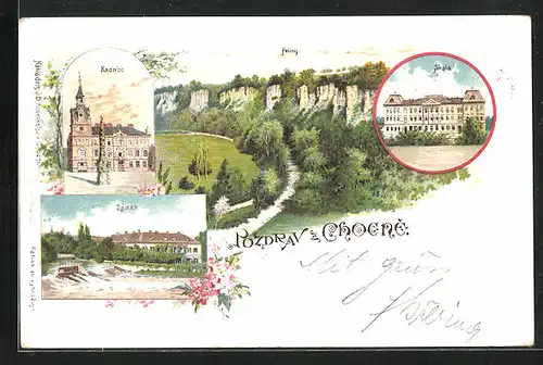 Lithographie Chotzen / Chocen, Skola, Peliny, Radnice, Zamek