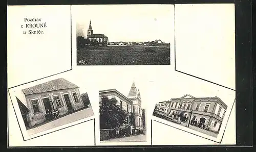 AK Krouna, Kirche im Ort, Hostinec, Strassenpartie