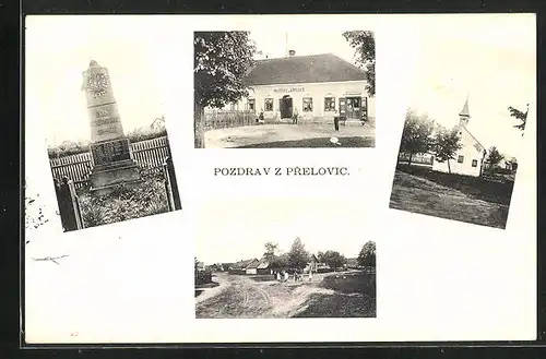 AK Prelovice, Denkmal, Hostinec, Kapelle