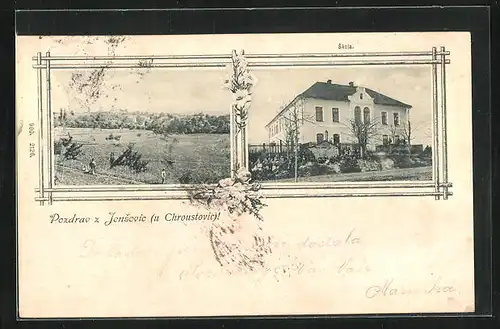 AK Jenisovice, Skola, Blick auf Landschaft