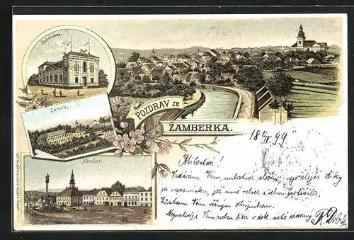 Lithographie Zamberk, Flusspartie mit Ortschaft, Sokolovna, Zamek, Namesti