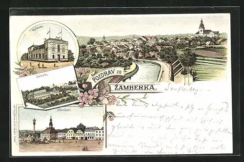 Lithographie Zamberk, Zamek, Nametsi, Flusspartie mit Ort