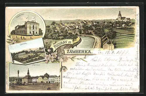 Lithographie Zamberk, Sokolovna, Namesti, Flusspartie am Rande des Ortes