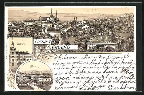 Lithographie Chotzen / Chocen, Radnice, Nadrazi, Ortsansicht