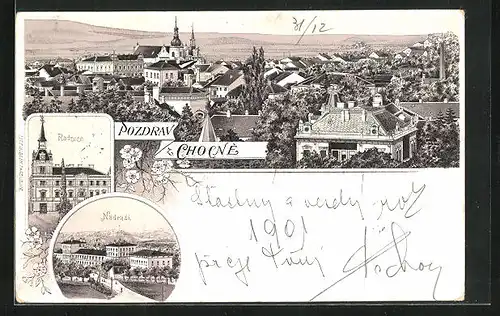 Lithographie Chotzen / Chocen, Radnice, Nadrazi, Ortsansicht