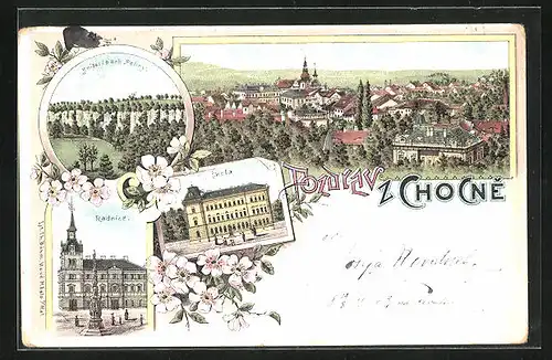 Lithographie Chotzen / Chocen, Skola, Radnice, Knizeci park Peliny