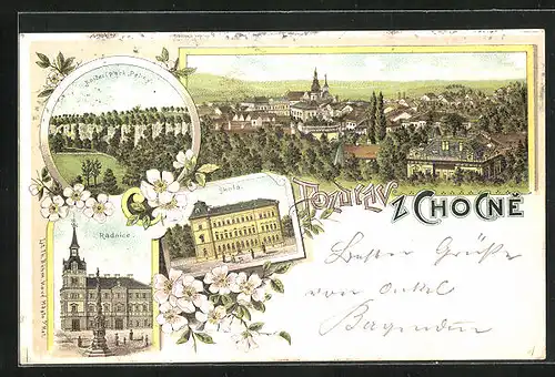 Lithographie Chotzen / Chocen, Skola, Knizeci park Peliny, Radnice