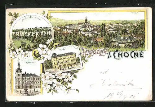 Lithographie Chotzen / Chocen, Skola, Radnice, Knizeci park Peliny