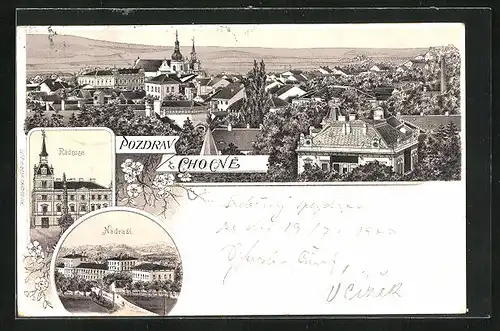 Lithographie Chotzen / Chocen, Totalansicht, Radnice, Nadrazi
