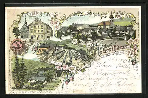 Lithographie Ceska Trebova, Nadrazi, Mestr. Skola, Lazne Hory