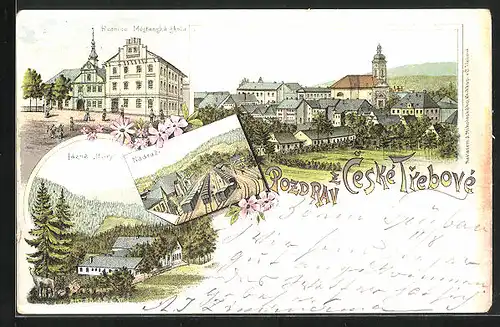 Lithographie Ceska Trebova, Radnice, Mestanska skola, Lazne Hory, Nadrazi