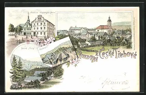 Lithographie Ceska TrebovaNadrazi, Radnice, Lazne Hory