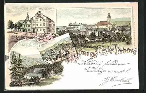 Lithographie Ceska Trebova, Nadrazi, Radnice, Lazne Hory
