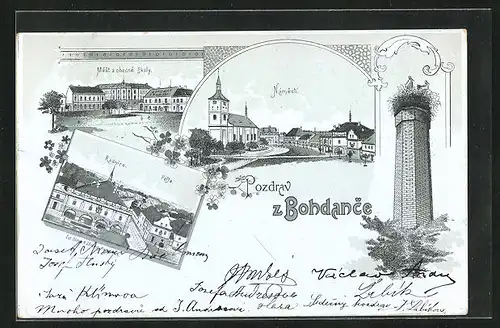 Lithographie Bad Bochdanetsch / Lazne Bohdanec, Radnice, Posta, Namesti