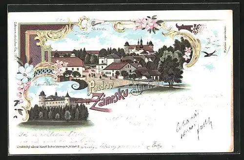 Lithographie Zamrsk, Zamek, Teilansicht des Ortes