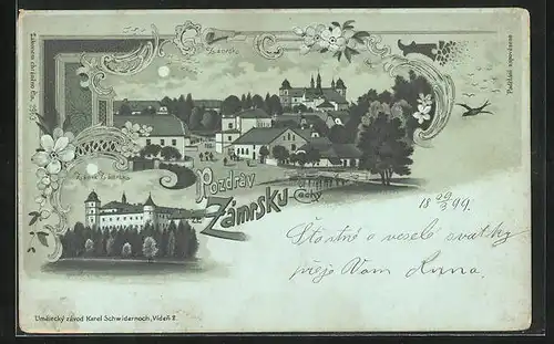 Mondschein-Lithographie Zamrsk, Strassenpartie mit Fluss und Brücke, Zamek