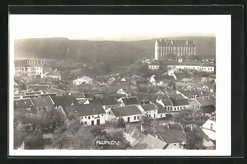 AK Plumlov, Gesamtansicht mit Wohnhäusern u. Schloss