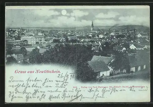 Mondschein-AK Neutitschein, Wohnhäuser u. Kirche vor Berglandschaft