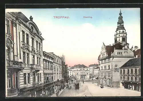 AK Troppau, Strassenbahn am Oberring vor dem Schmetterhaus