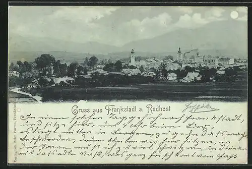 Mondschein-AK Frankstadt a. Radhost, Gesamtansicht mit Berglandschaft