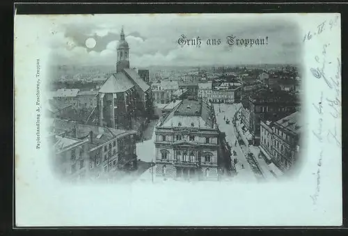 Mondschein-AK Troppau, Stadttheater u. Pfarrkirche am Abend