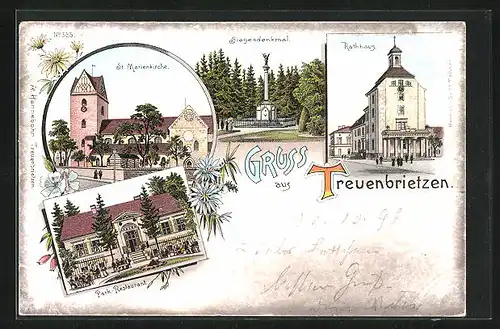 Lithographie Treuenbrietzen, Park-Restaurant, Rathaus, St. Marienkirche