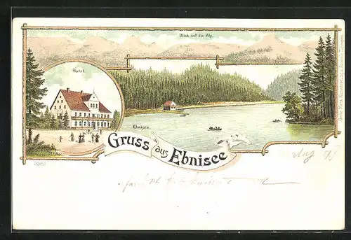 Lithographie Ebnisee, Hotel, Blick auf die Alp, Seepartie